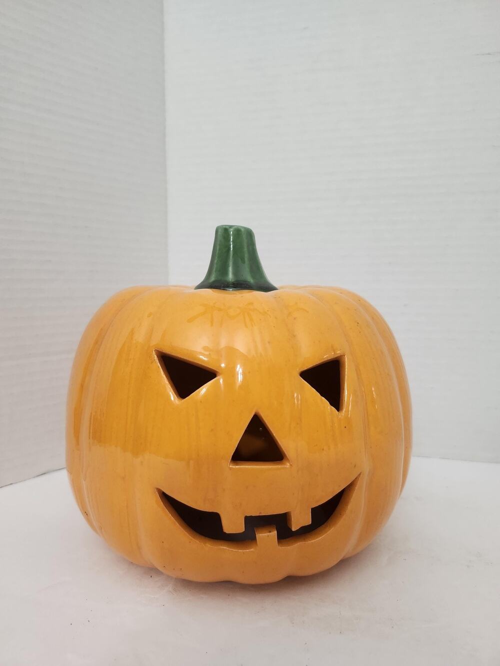 Halloween Ceramic Jack O Lantern Pumpkin Candle Cover Glazed Orange